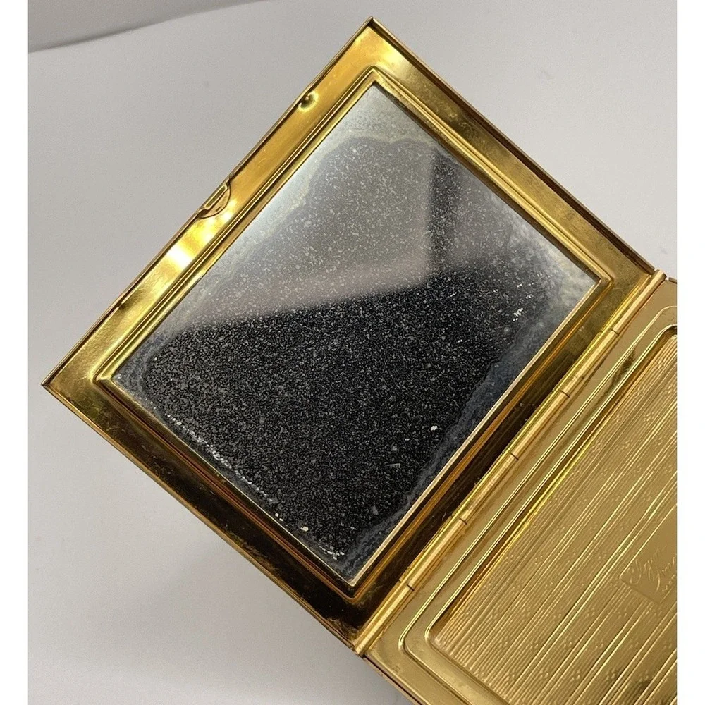 Vintage Elgin American Gold Tone‎ Etched Makeup Compact Mirror Mother Of Pearl